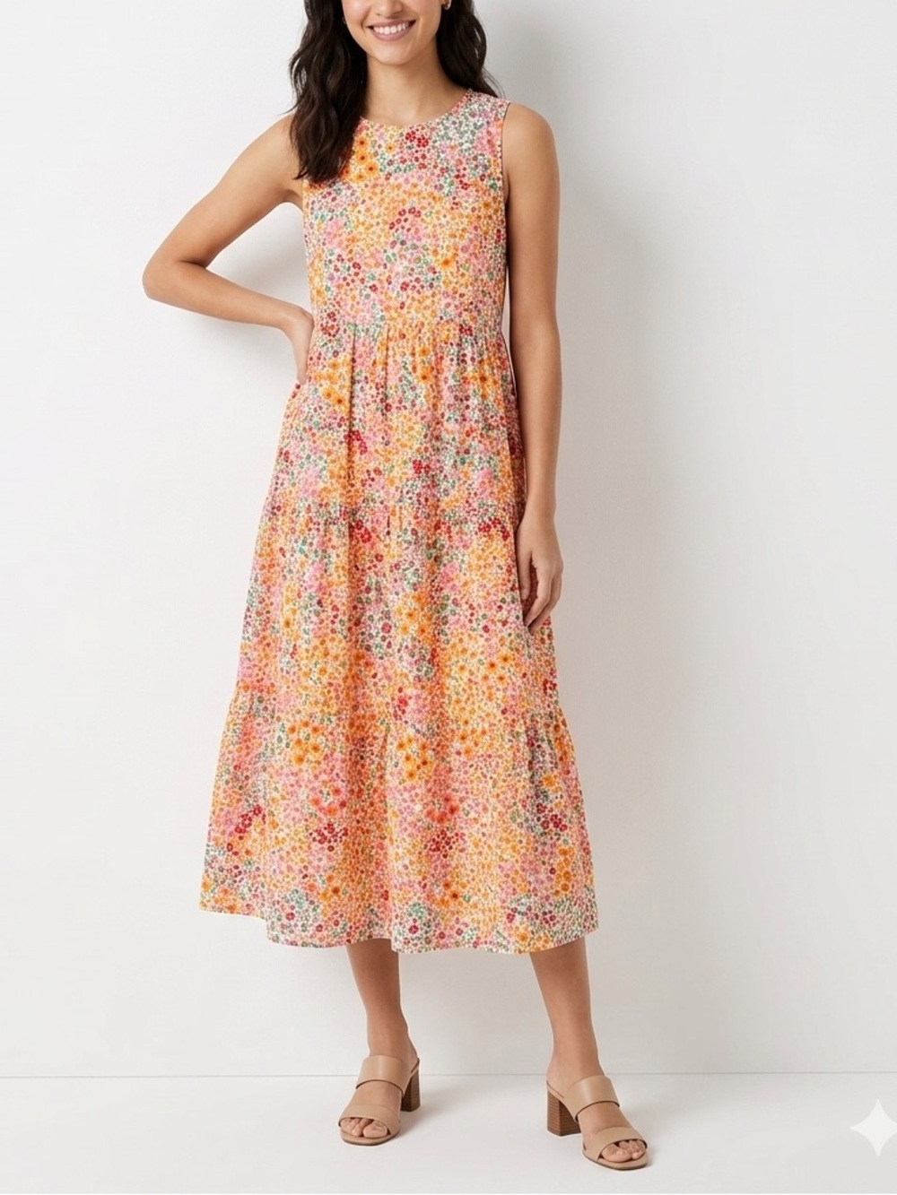 J.Crew Ditsy Floral Tiered Midi Dress Sleeveless Orange Red Orange Smock💛 - Picture 1 of 13